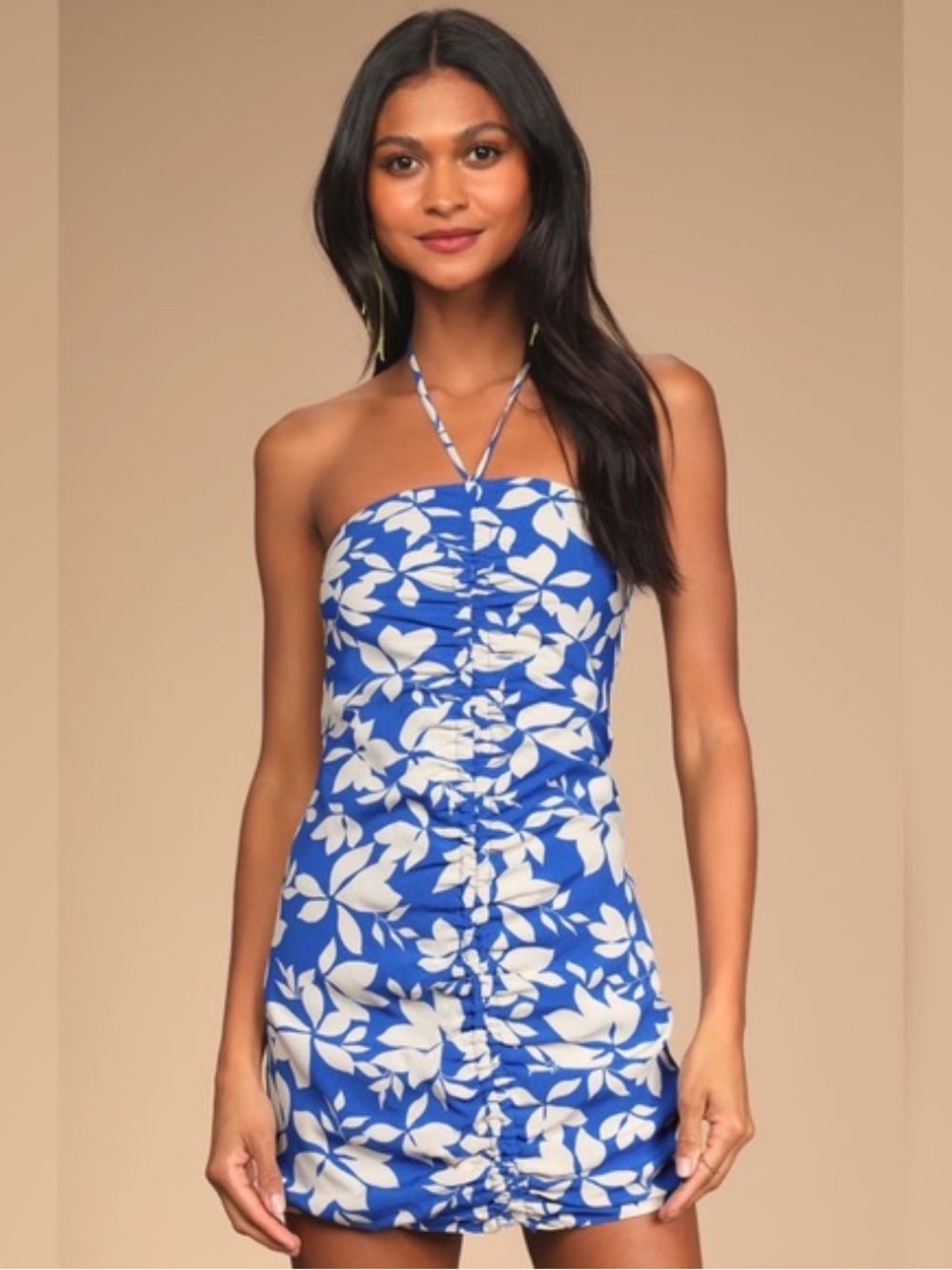 LULU’s Show Off Time Blue Floral Print Ruched Halter Bodycon Dress Size M NEW
